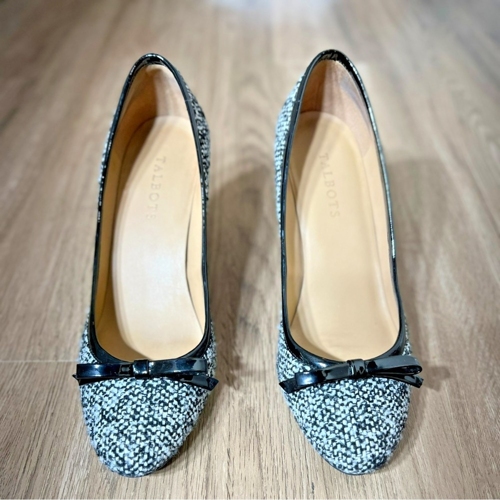 Talbots Boucle Tweed Pumps 9M Black White Bow Classic Chic Leather Sole‎ Preppy